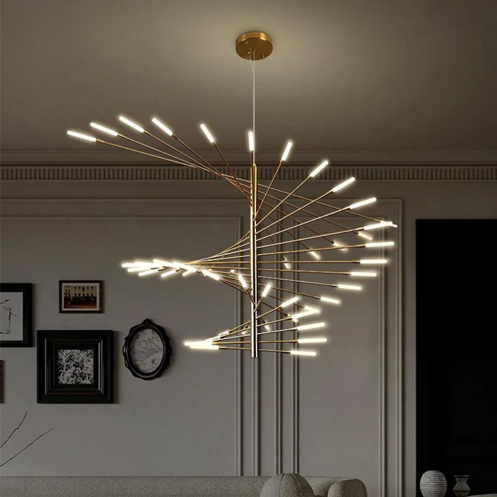 Adjustable Black and Gold LED Chandelier – Modern Firework Shape Lighting Fixture for Living Room and Kitchen