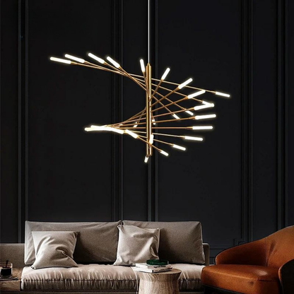 Adjustable Black and Gold LED Chandelier – Modern Firework Shape Lighting Fixture for Living Room and Kitchen