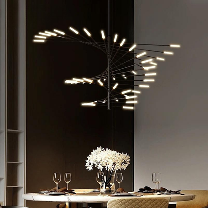 Adjustable Black and Gold LED Chandelier – Modern Firework Shape Lighting Fixture for Living Room and Kitchen