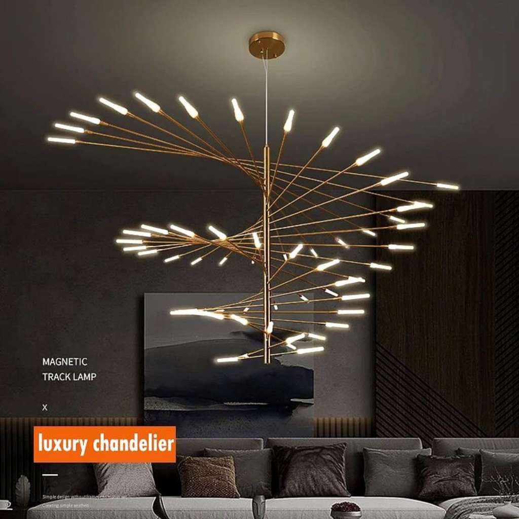 Adjustable Black and Gold LED Chandelier – Modern Firework Shape Lighting Fixture for Living Room and Kitchen