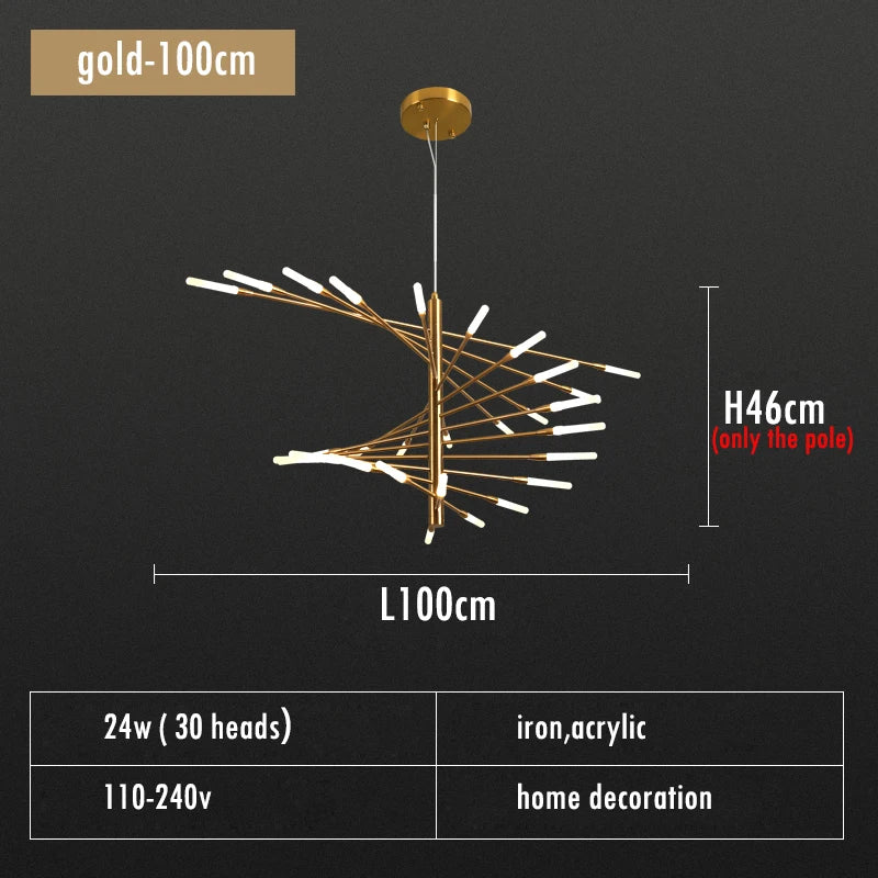Adjustable Black and Gold LED Chandelier – Modern Firework Shape Lighting Fixture for Living Room and Kitchen 13
