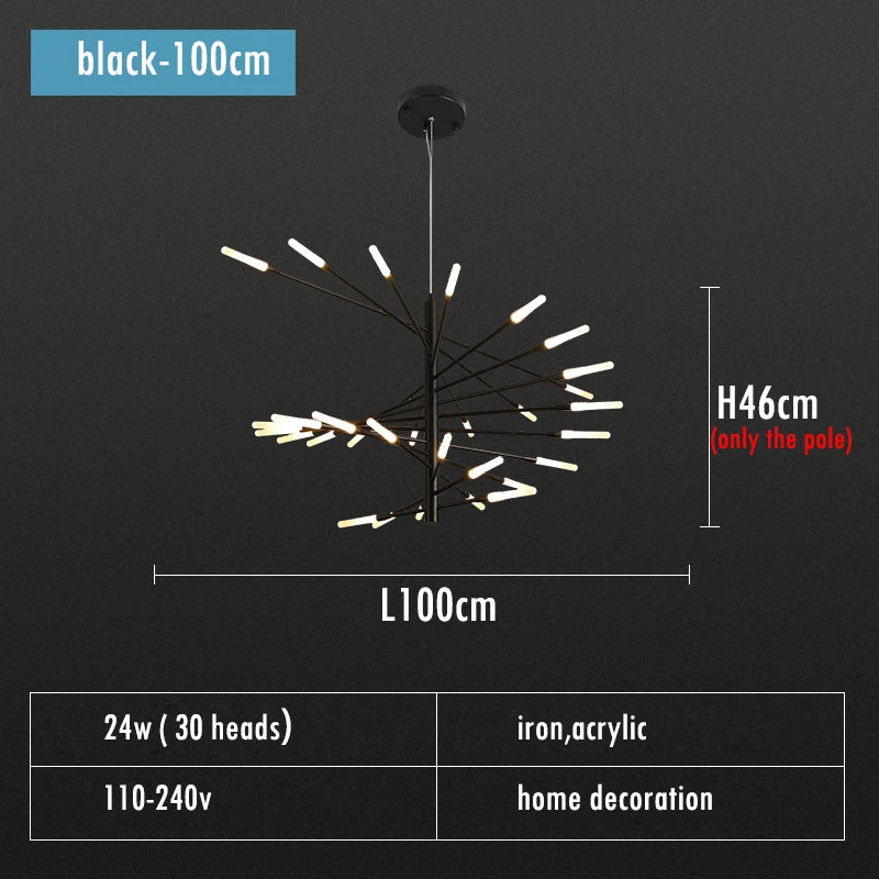 Adjustable Black and Gold LED Chandelier – Modern Firework Shape Lighting Fixture for Living Room and Kitchen 6